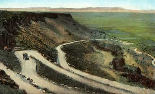 View of the switchbacks on Route 66 between Santa Fe and Albuquerque at the top of La Bajada Hill